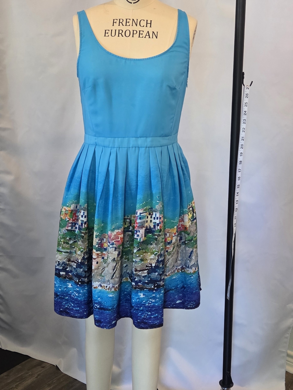 Turquoise Coastal Print Pleated Mini Dress